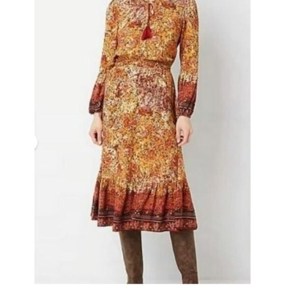 Frye and Co. Boho Fall Midi Longsleeve Dress M Flowy Brown orange - Picture 1 of 13